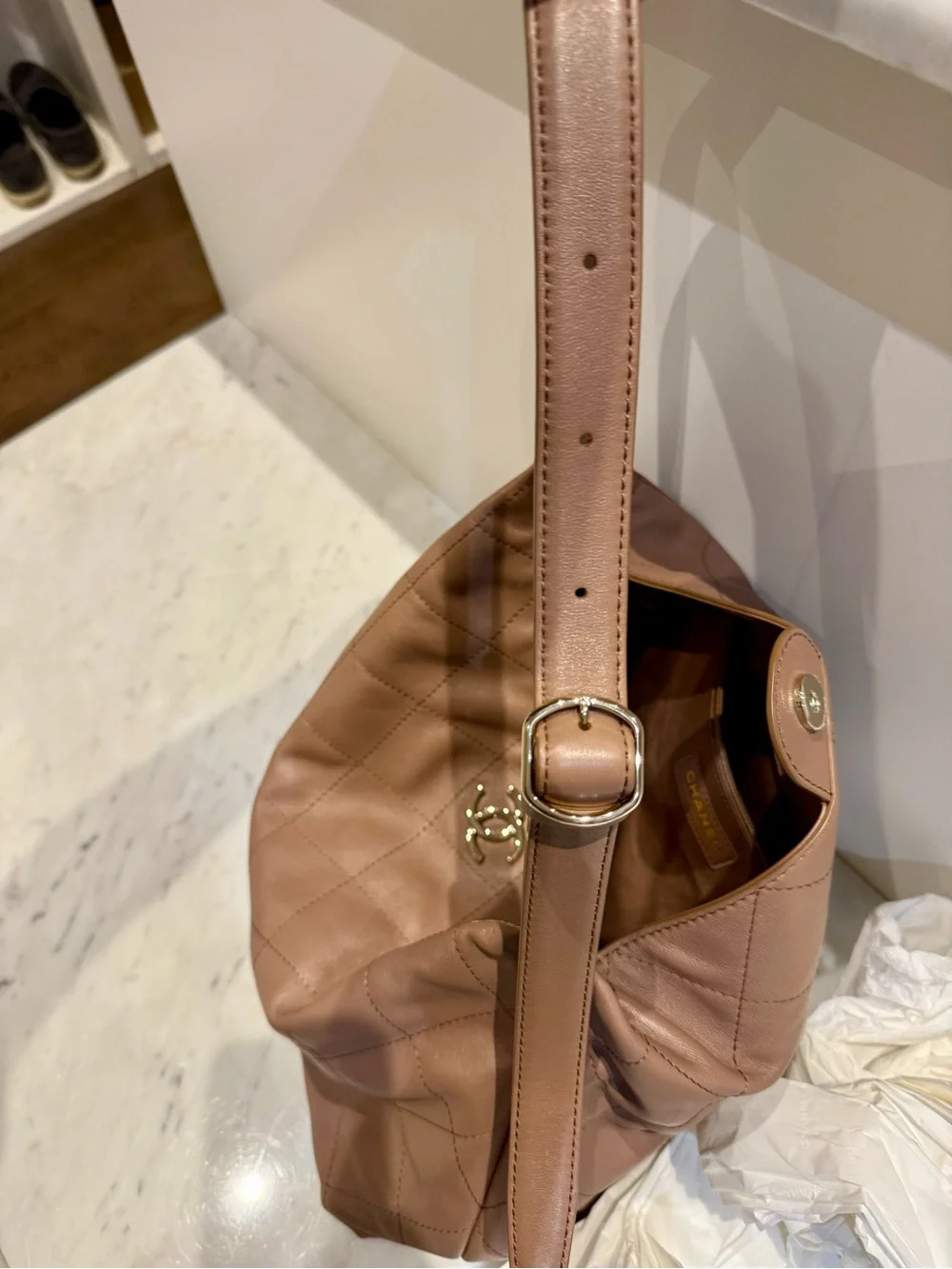 CHANEL Quilted Lambskin Shoulder Bag in Taupe